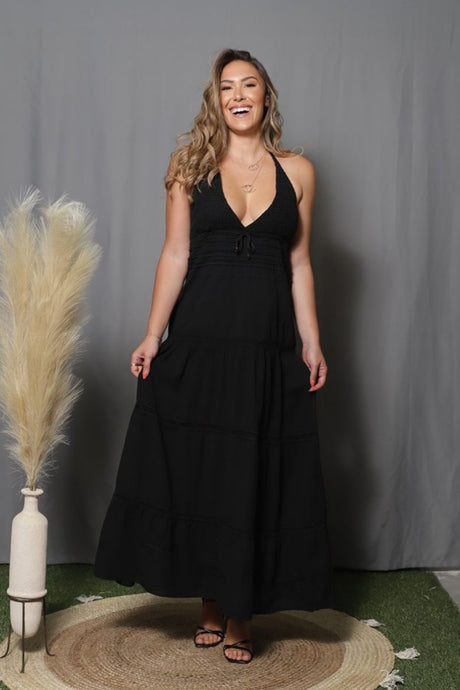 Halter Neck Tiered Maxi Dress (Black Only)