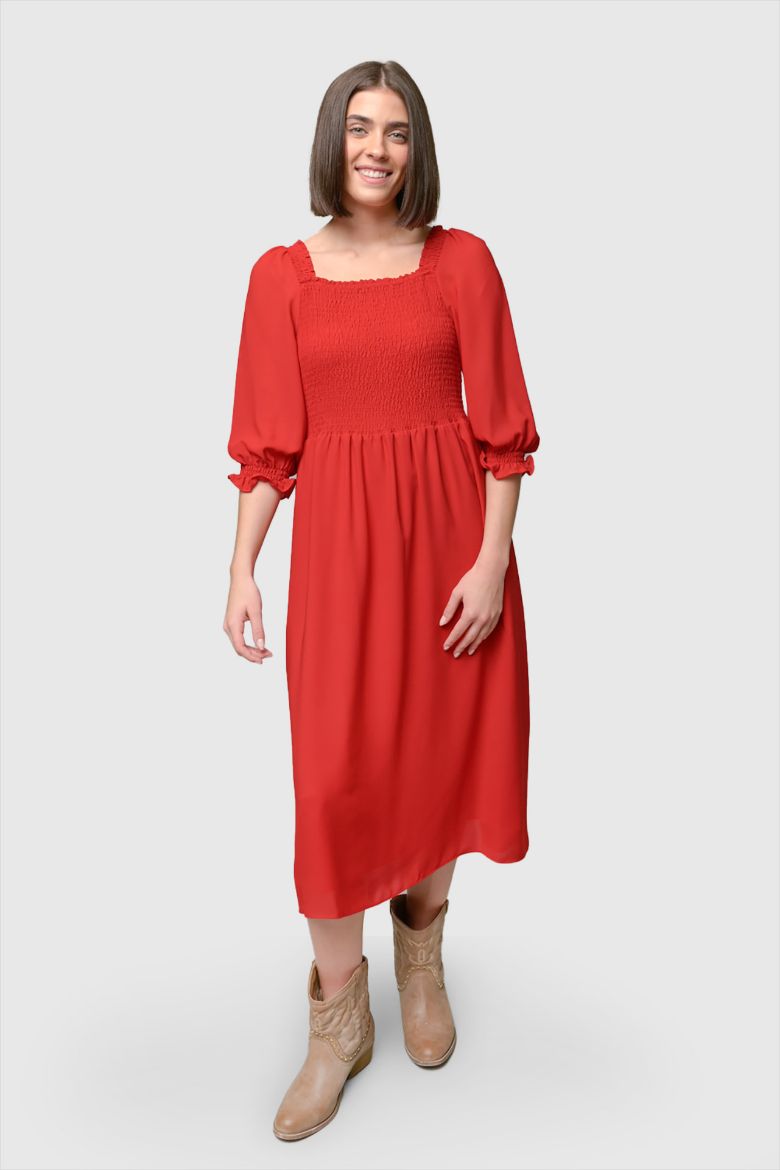 3/4 Sleeve Crepe Chiffon Peasant Midi Dress