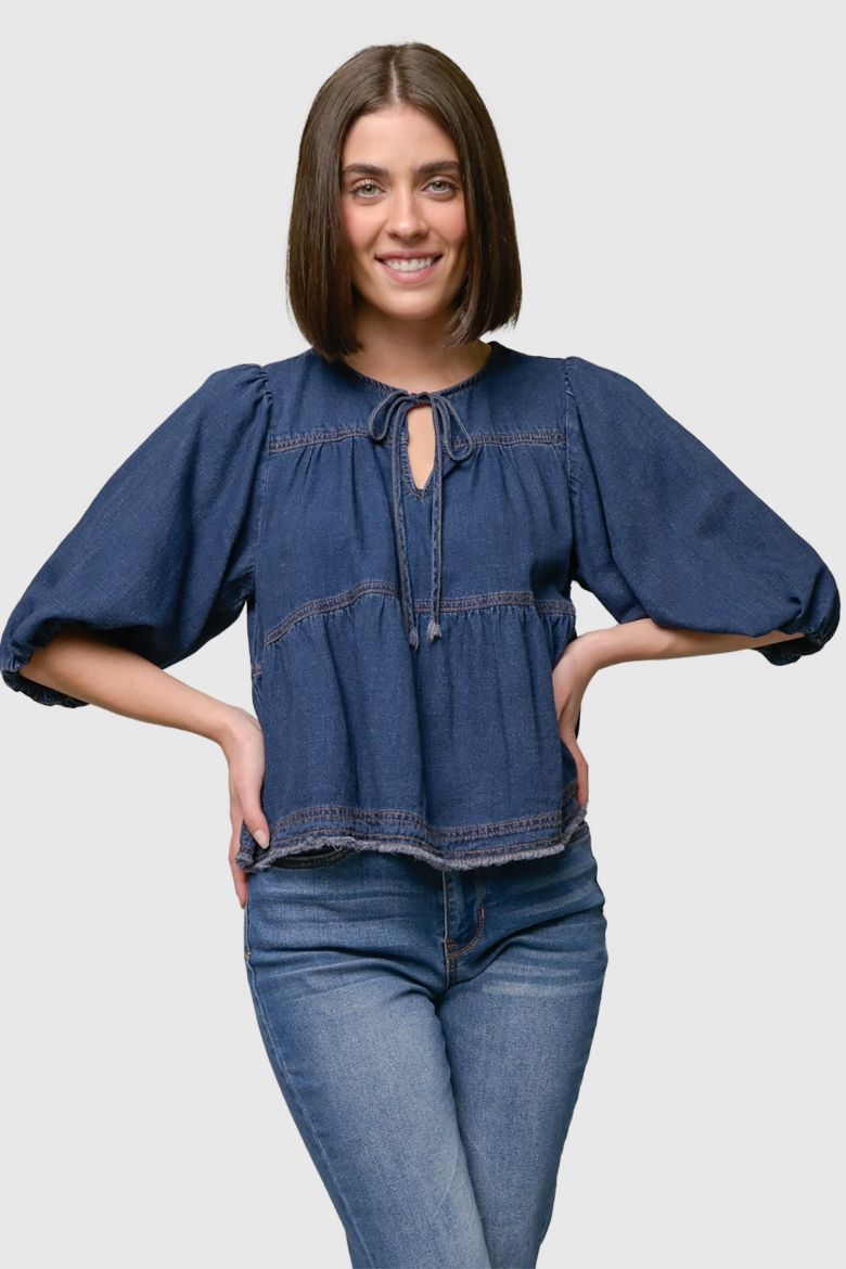 Denim Tie Front Frayed Hem Blouse