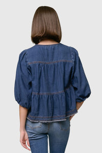 Denim Tie Front Frayed Hem Blouse