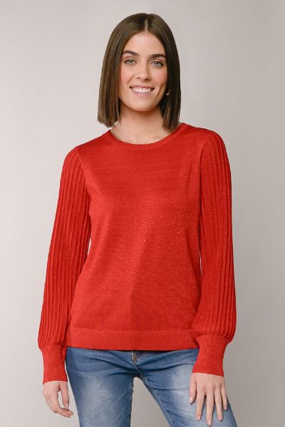 Pleated Sleeve Lurex Crew Neck Sweater