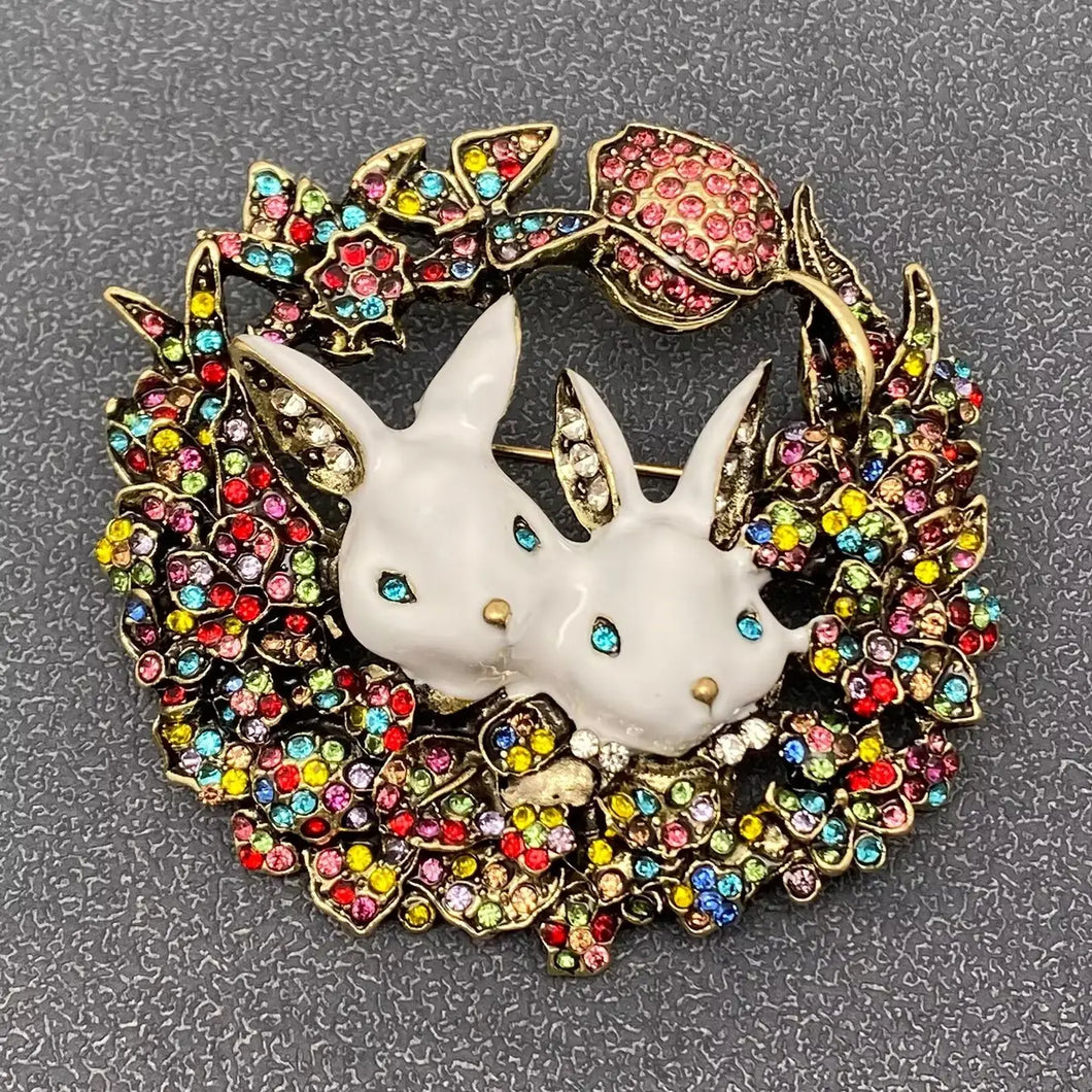 White Enamel Rabbit in Rhinestone Nest Brooch