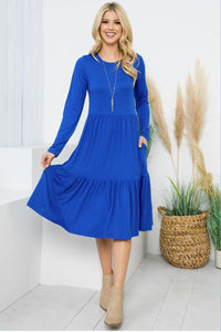 Stretchy Royal TIERED Midi length POCKET DRESS