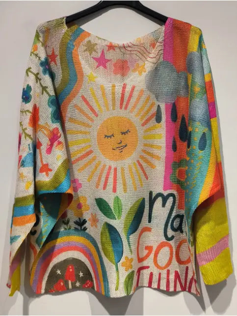 Posun Yellow Sunshine V-Neck Knit Printed Sweater