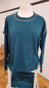 Hi Lo Hem Sweater with Stud Bordered Collar and Cuffs