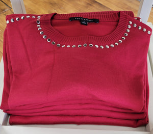 Hi Lo Hem Sweater with Stud Bordered Collar and Cuffs