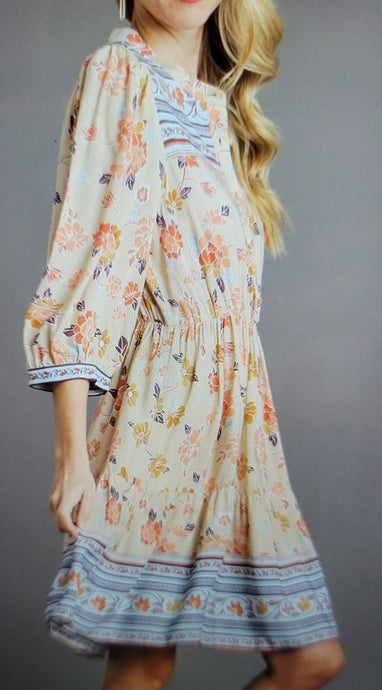 A-Line Print Dress with Button Placket, Elastic Waist, and Balloon Sleeves