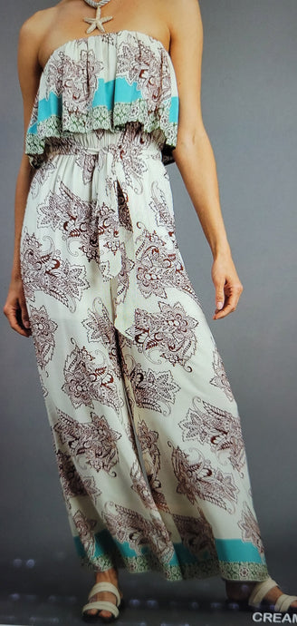 Floral Paisley Print Strapless Wide Leg Pants Jumpsuit