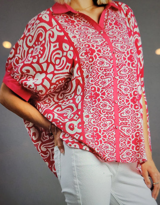 Hot Pink Two Tone Border Print Oversized Button Down Shirt