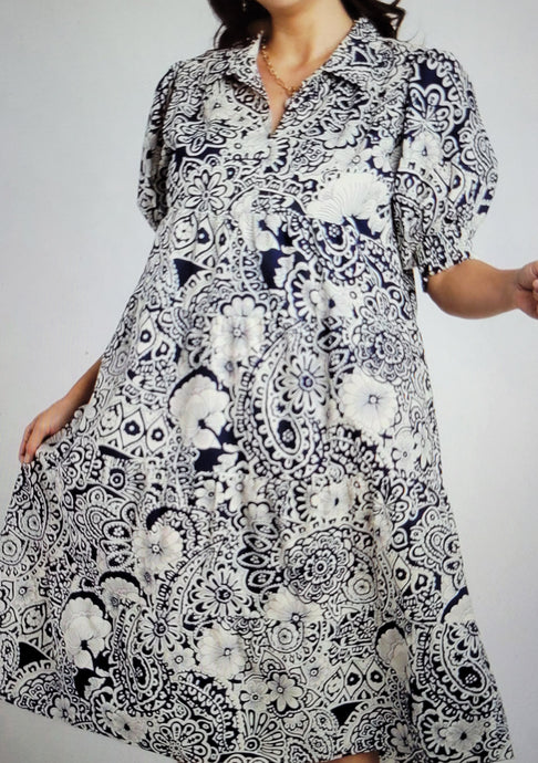 Abstract Print V-Neck Collared Tiered Dress with Puff Sleeves & Smocked Cuffs