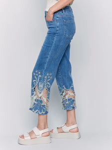 Flare Leg Pant with Laser Cut Lace Trim