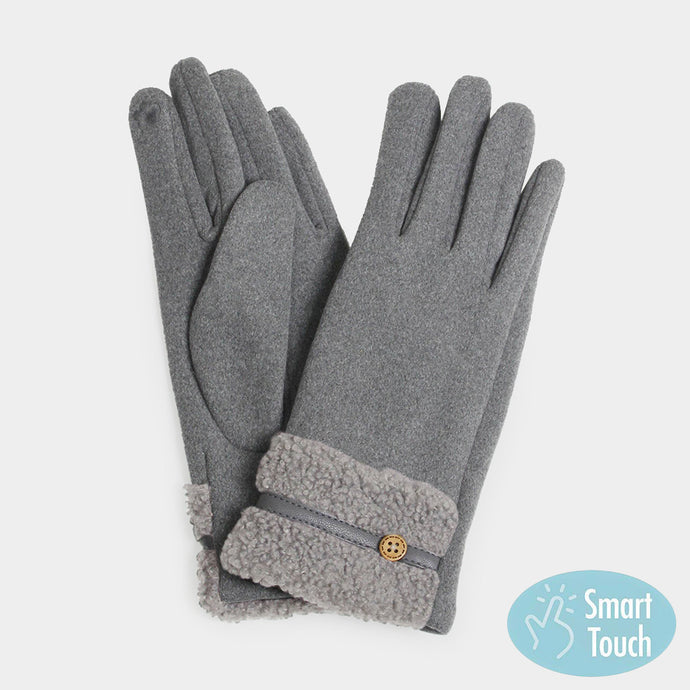 Button Detail Faux TeddyFur Cuff SmartTouch Smart Gloves