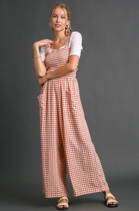 Gingham Smocked Jumpsuit with Front Pockets