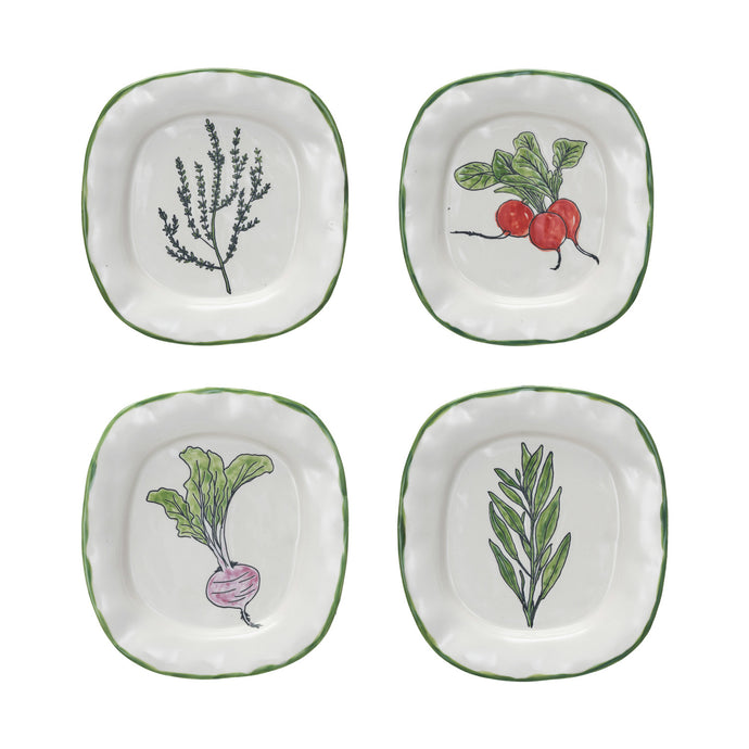 Stoneware Plate w/ Vegetable/Herb & Green Rim