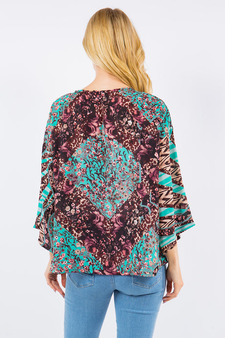 Mint/Brown Floral Mix Crepe Feel V-Neck