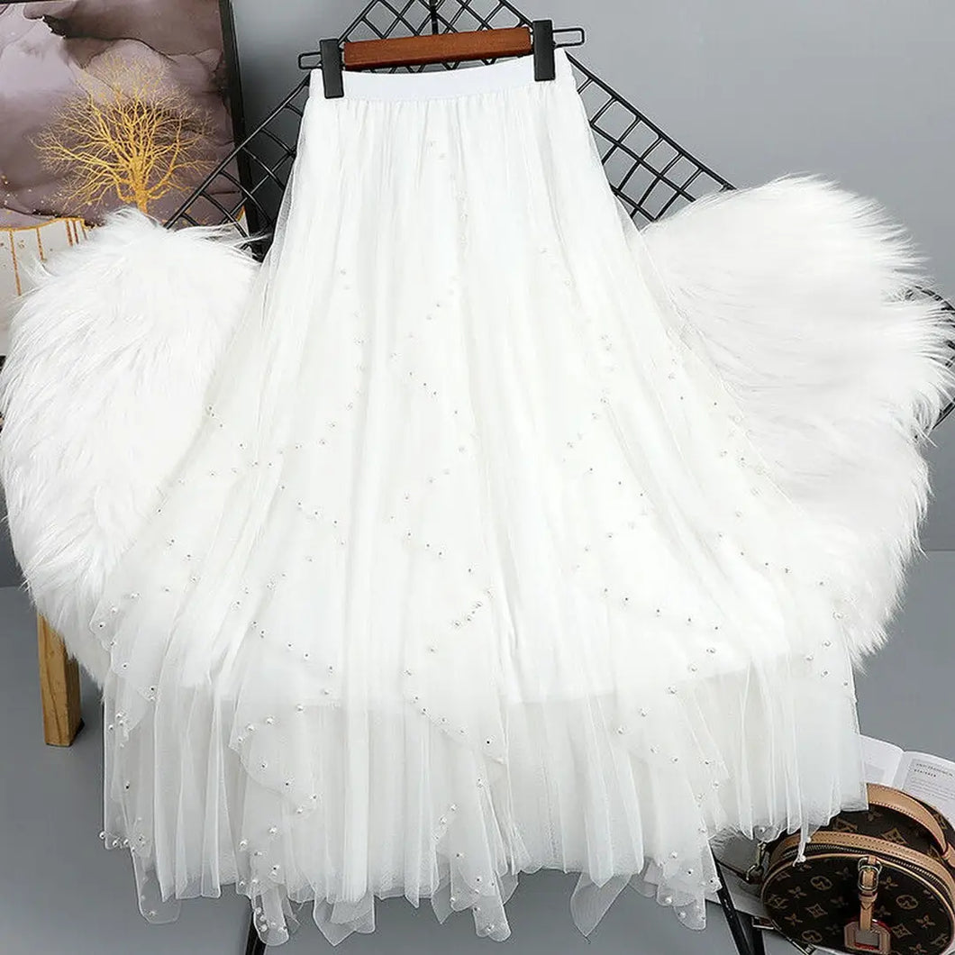 Beaded Mesh Pleated Skirt