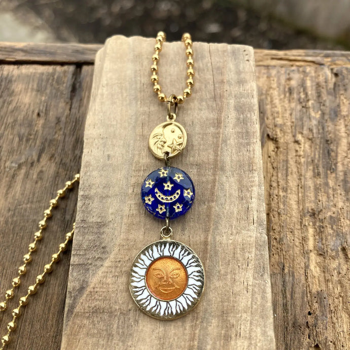 Enamel Sun & Crescent Moon Lariat Necklace