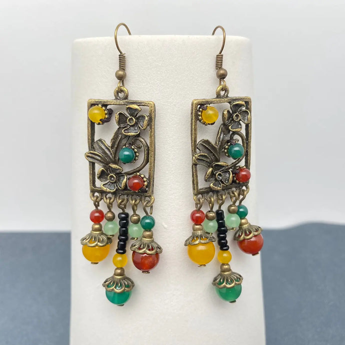 Chinoiserie Agate Glass Beaded Flower Dangle Earrings