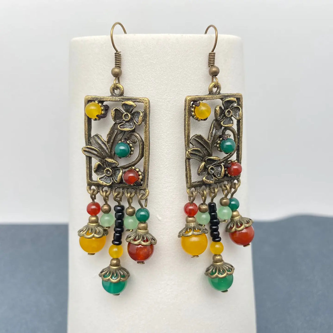 Chinoiserie Agate Glass Beaded Flower Dangle Earrings