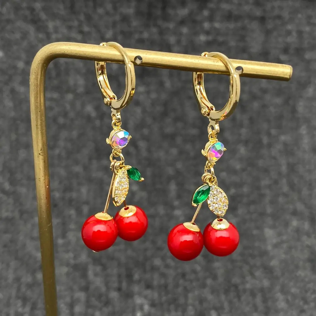 Red Cherry Charm 18K Gold Plated Huggie Earrings