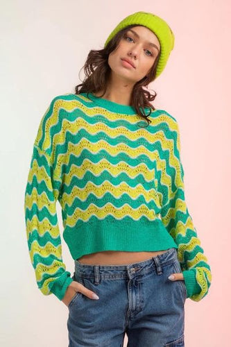 Bright Yellow and Wavy Green Sweater