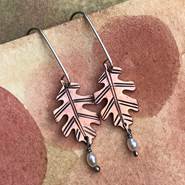 Oak Leaf with Pearl- copper and silver earrings