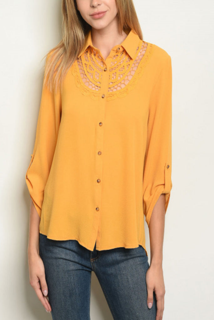 Crochet Front Detail Button Down Shirt in Mustard
