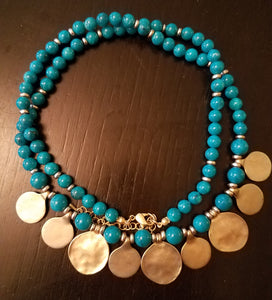 Turqouise and Gold Beads & Plated Disc Necklace