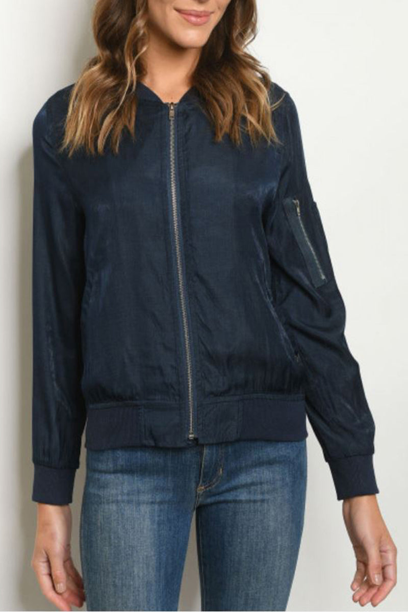 Cropped Bomber Jacket in Navy Blue