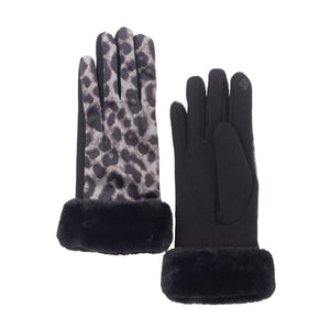 Faux Fur Cuff Leopard Print Smart Gloves