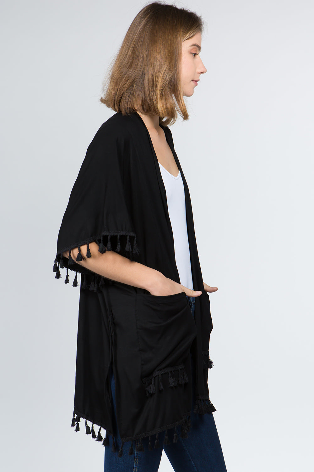Solid Tassel Jersey Kimono w/Pockets