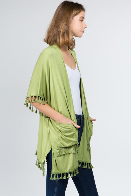 Solid Tassel Jersey Kimono w/Pockets