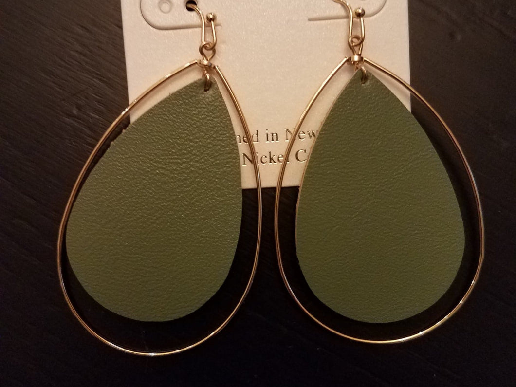 Tear Drop Halo Earrings in Olive Leather
