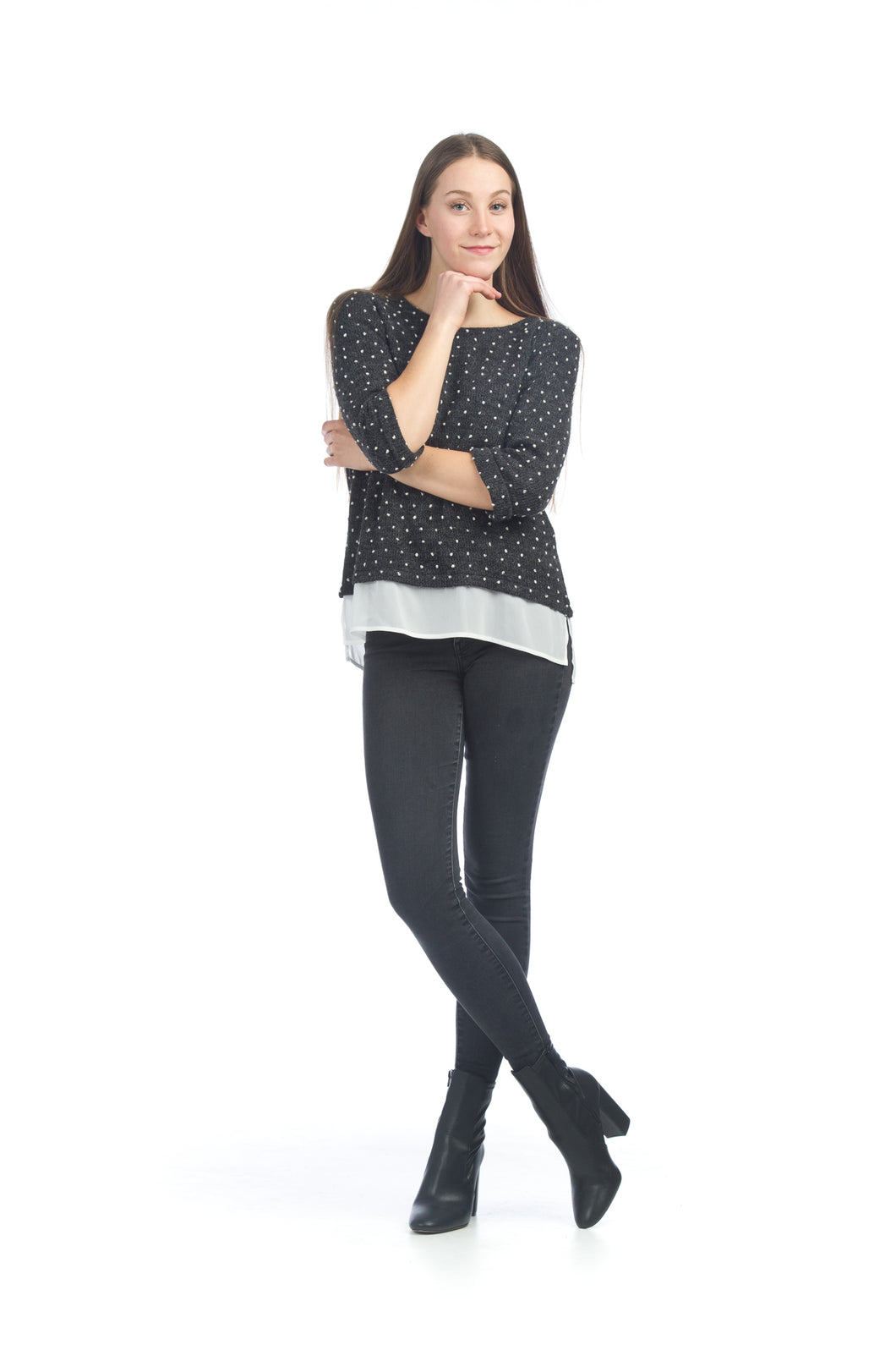 Papillon Charcoal Pom-Pom Sweater with Georgette Underlay