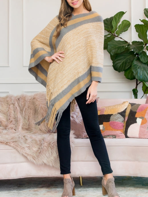 Stripe Border Poncho in Mustard