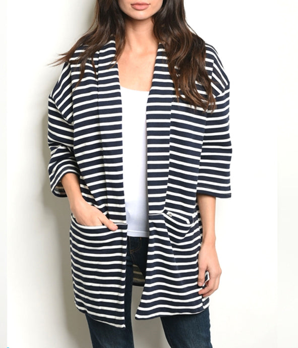 3/4 Sleeve Open Front Striped Knit Blazer