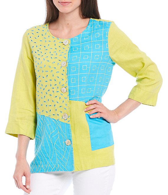 Ali Miles Mixed Media Jacket in Yellow and Turquoise