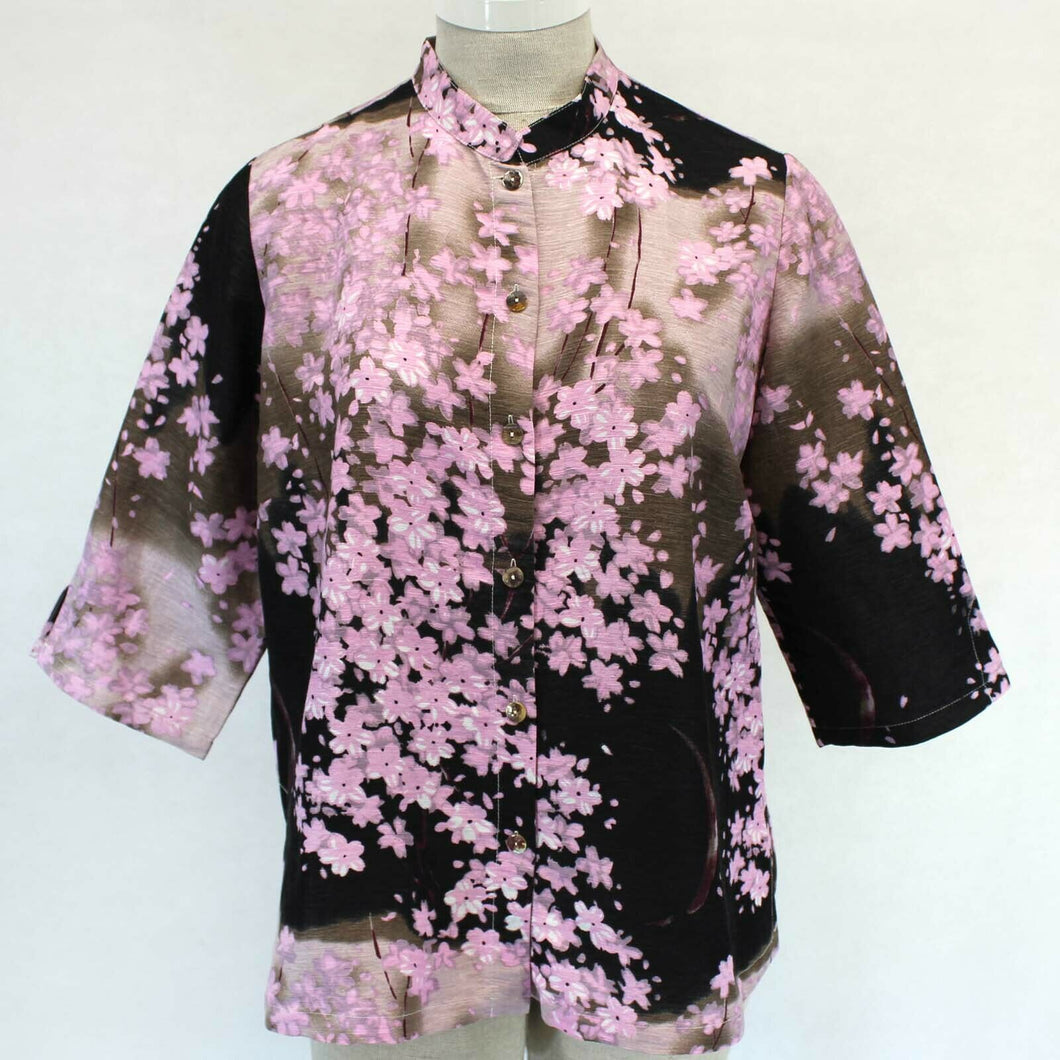 Citron  Wearable Art Black Classic Silk Cherry Blossoms Blouse